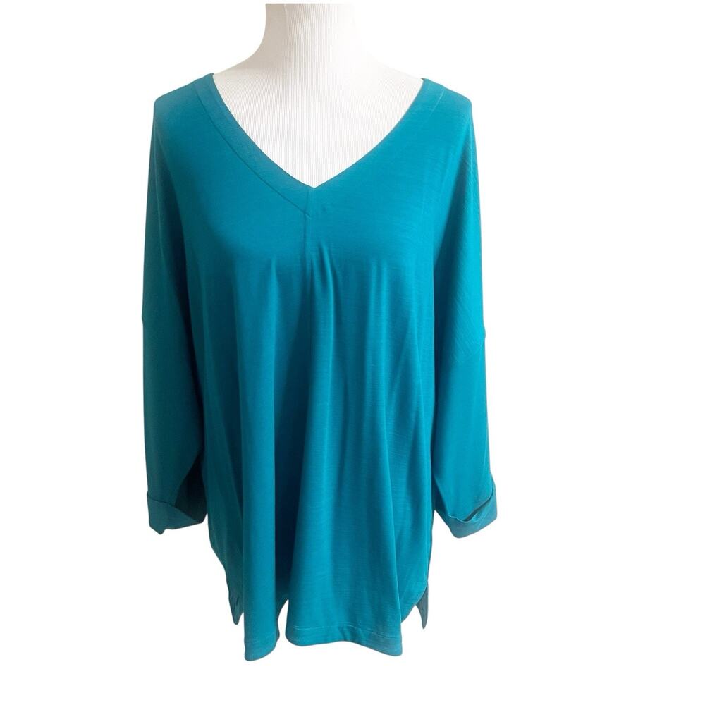 J Jill Wearever Collection Slub Knit Teal Blue V Neck 3/4 Sleeve Tunic Top SZ L